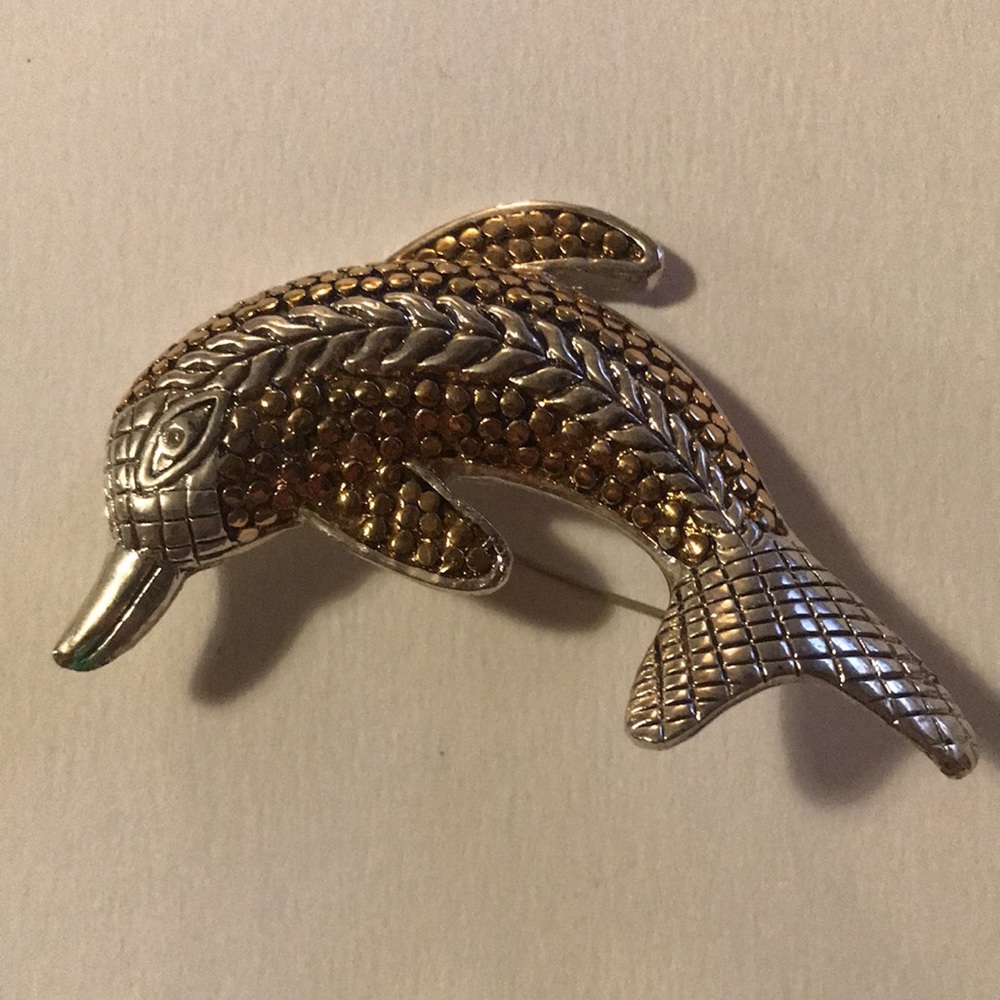 Dolphin Brooch Silver and Gold Tone - costume Jewelry